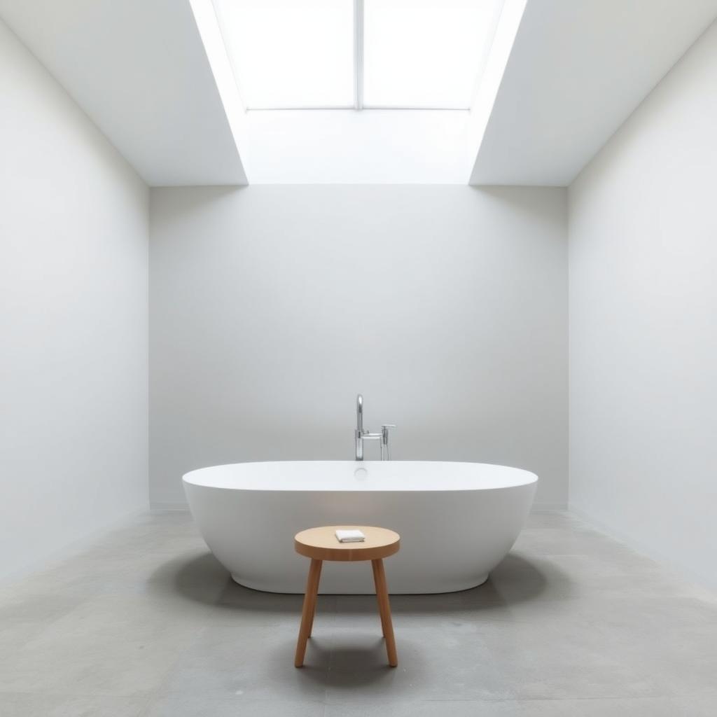 Minimalistisches Badezimmer mit freistehender weißer Badewanne, grauen Wänden und einem Oberlicht.