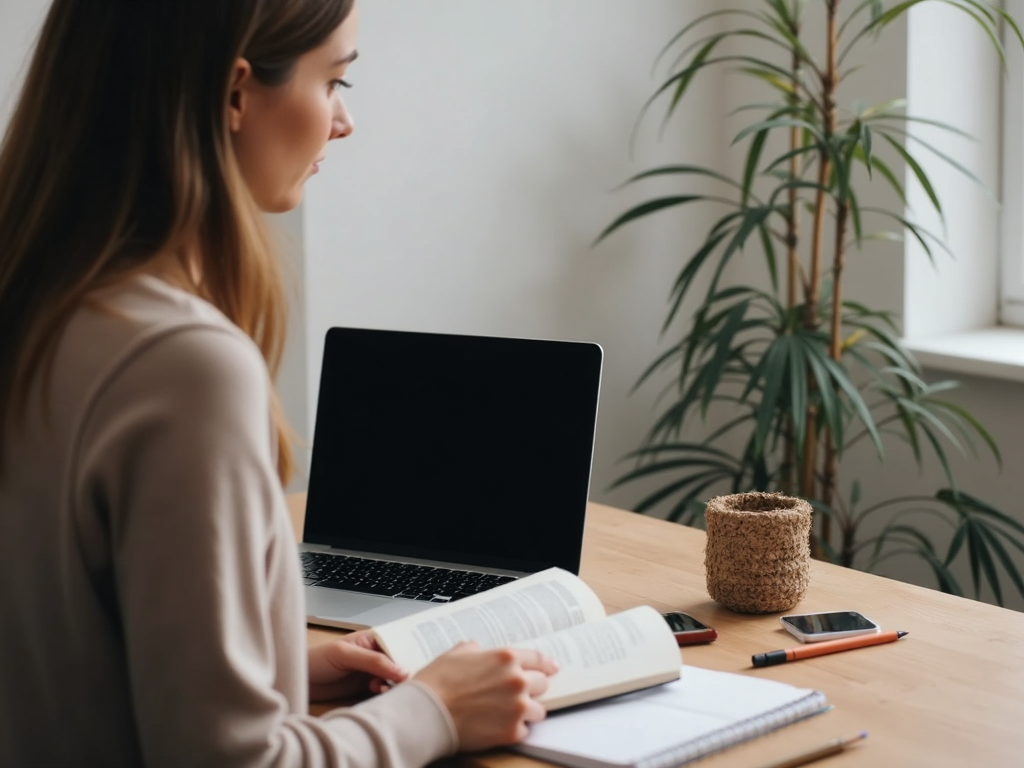 Eine Person, die statt am Laptop ein Buch liest, als Symbol für digitalen Minimalismus.