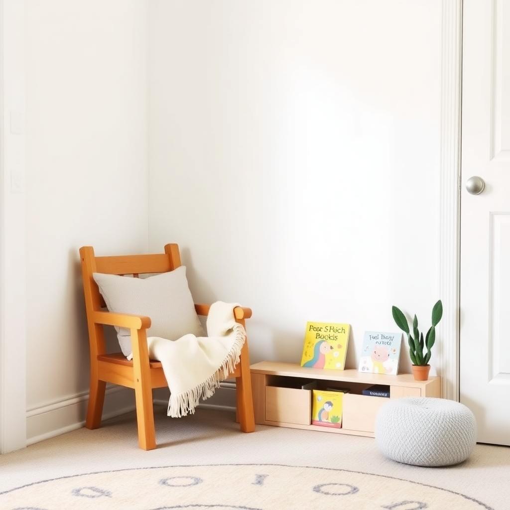 Eine gemütliche Leseecke in einem minimalistischen Kinderzimmer mit einem kleinen Holzstuhl, einem weichen Kissen, einem niedrigen Bücherregal mit bunten Kinderbüchern, einer Decke und einer kleinen Topfpflanze.