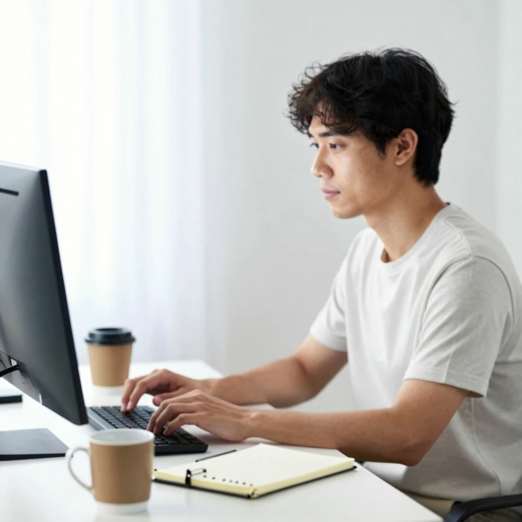 Eine Person arbeitet effizient an einem minimalistischen Schreibtisch
