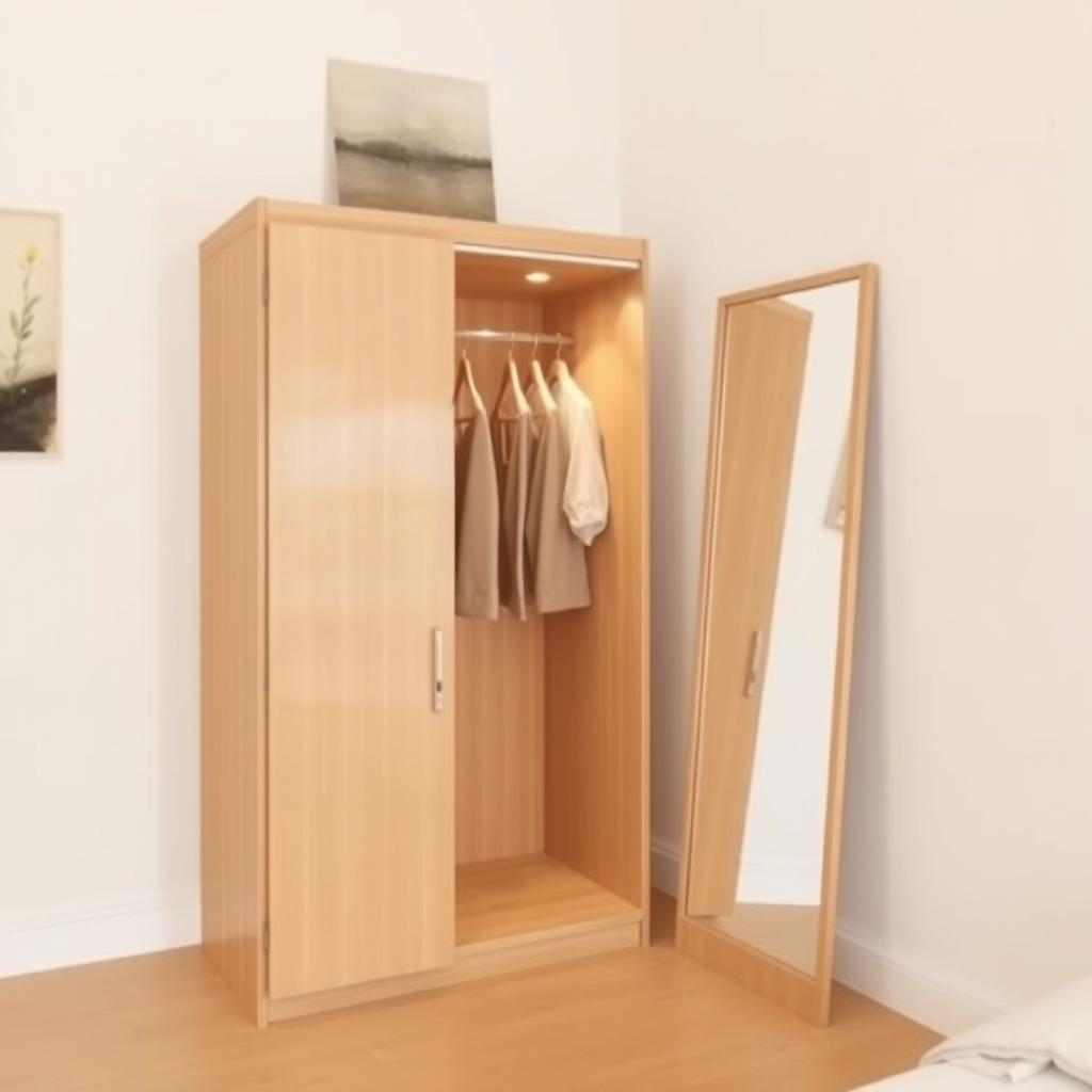 Eine minimalistische Schlafzimmerecke mit einem kleinen Kleiderschrank aus hellem Holz und einem Spiegel an der Wand.
