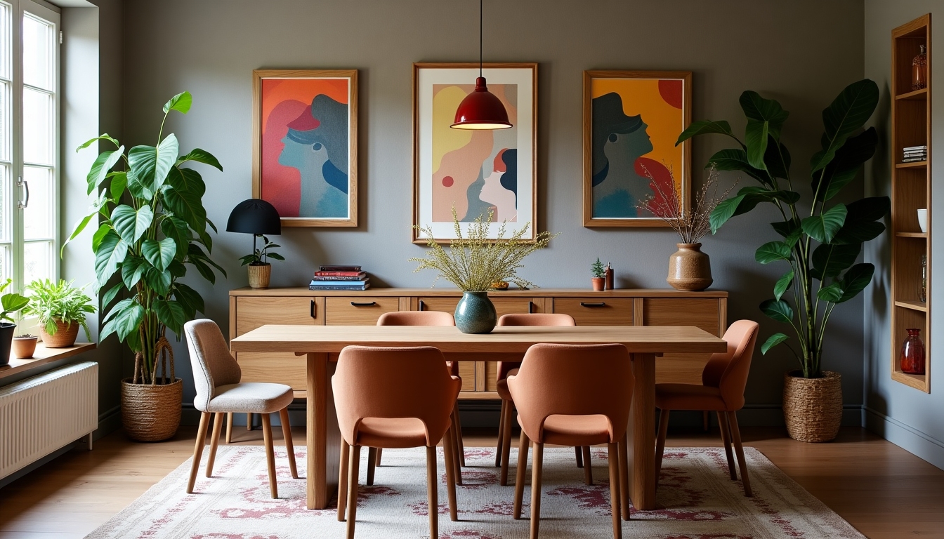 A dining area with an eclectic mix of minimalist furniture and personal collectibles.