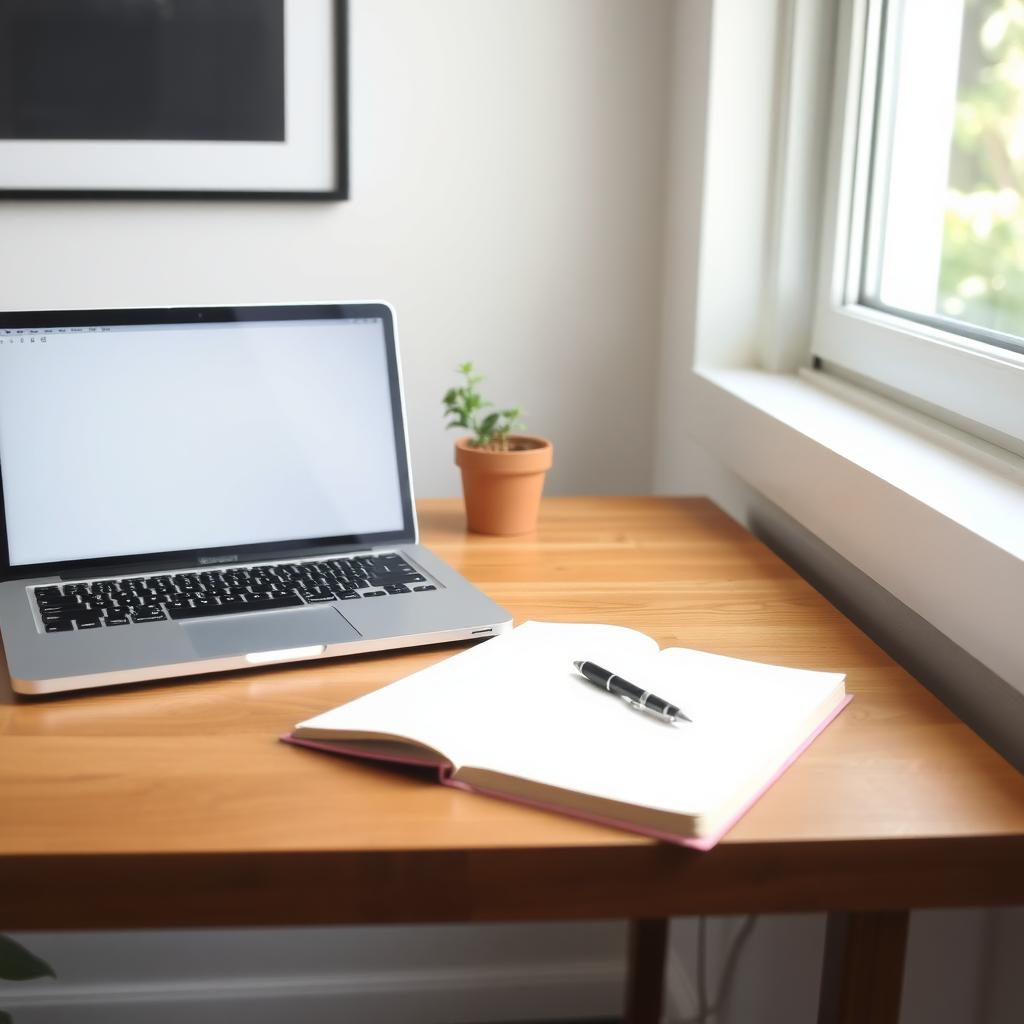 Ein minimalistischer Arbeitsplatz mit Holztisch, Laptop, Notizbuch und Stift, mit einer kleinen Pflanze und Tageslicht im Hintergrund.
