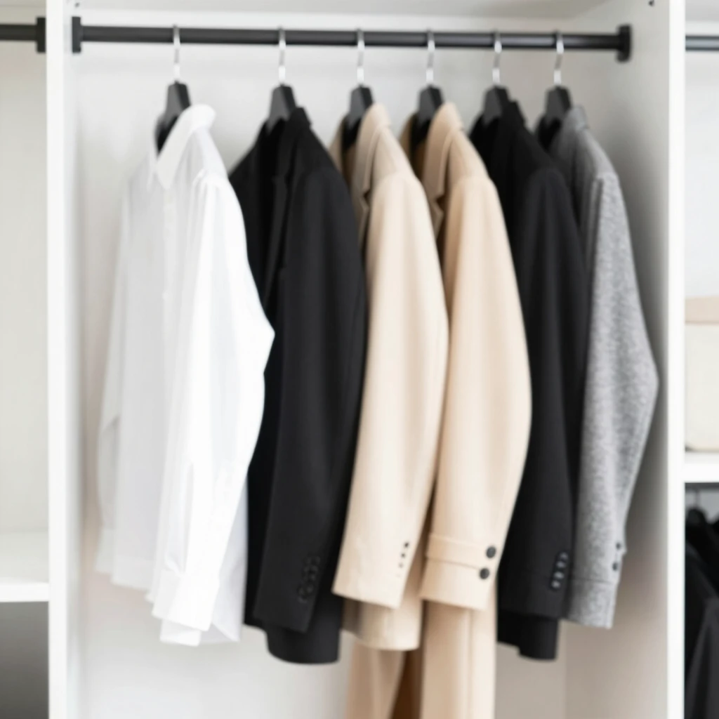 Ordentlicher minimalistischer Kleiderschrank mit neutraler Capsule Wardrobe