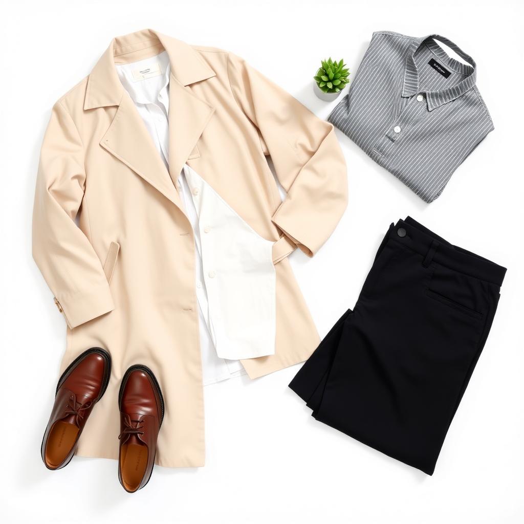 Eine flache Anordnung minimalistischer Kleidung auf weißem Untergrund mit beigem Mantel, weißem Hemd, schwarzer Hose und braunen Schuhen.
