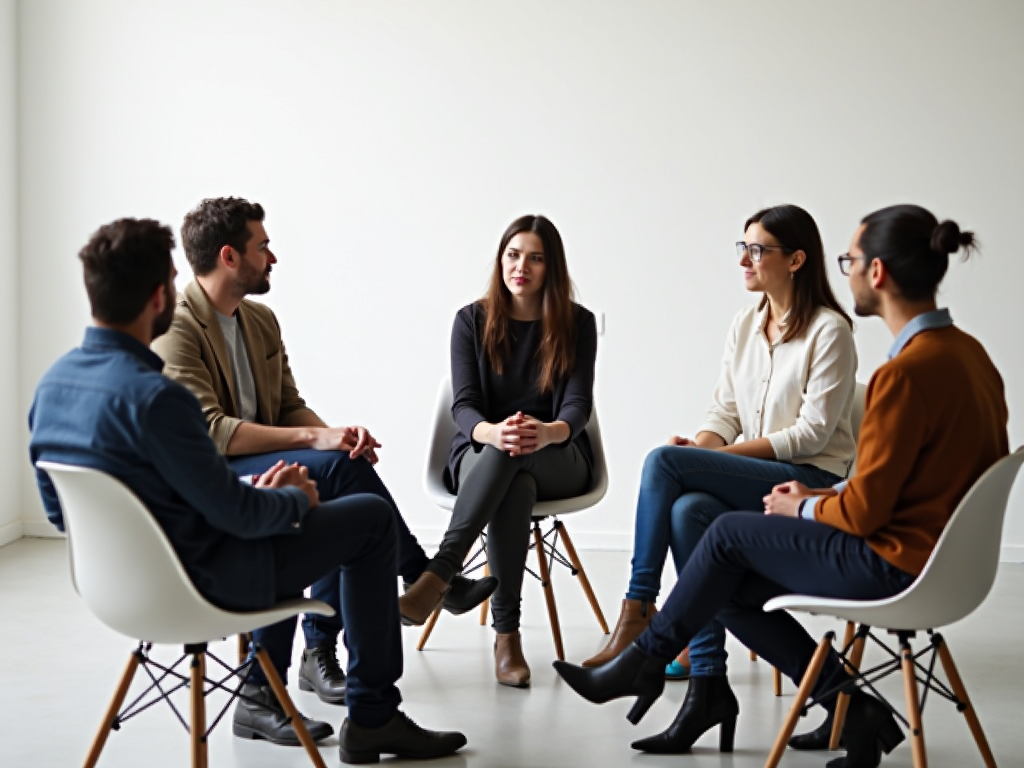 Eine Gruppe von Menschen sitzt im Kreis und tauscht Ideen aus, mit einem minimalistischen Hintergrund.