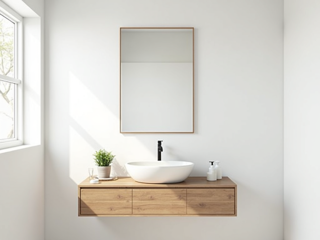Minimalistisches Badezimmer mit schwebender Holzwaschtisch und großen Spiegeln