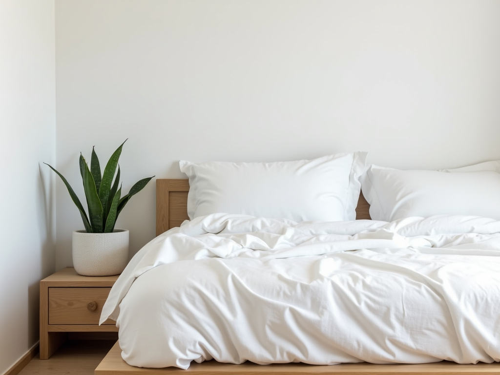 Ein minimalistisches Schlafzimmer mit einem niedrigen Holzbett und einer Pflanze.