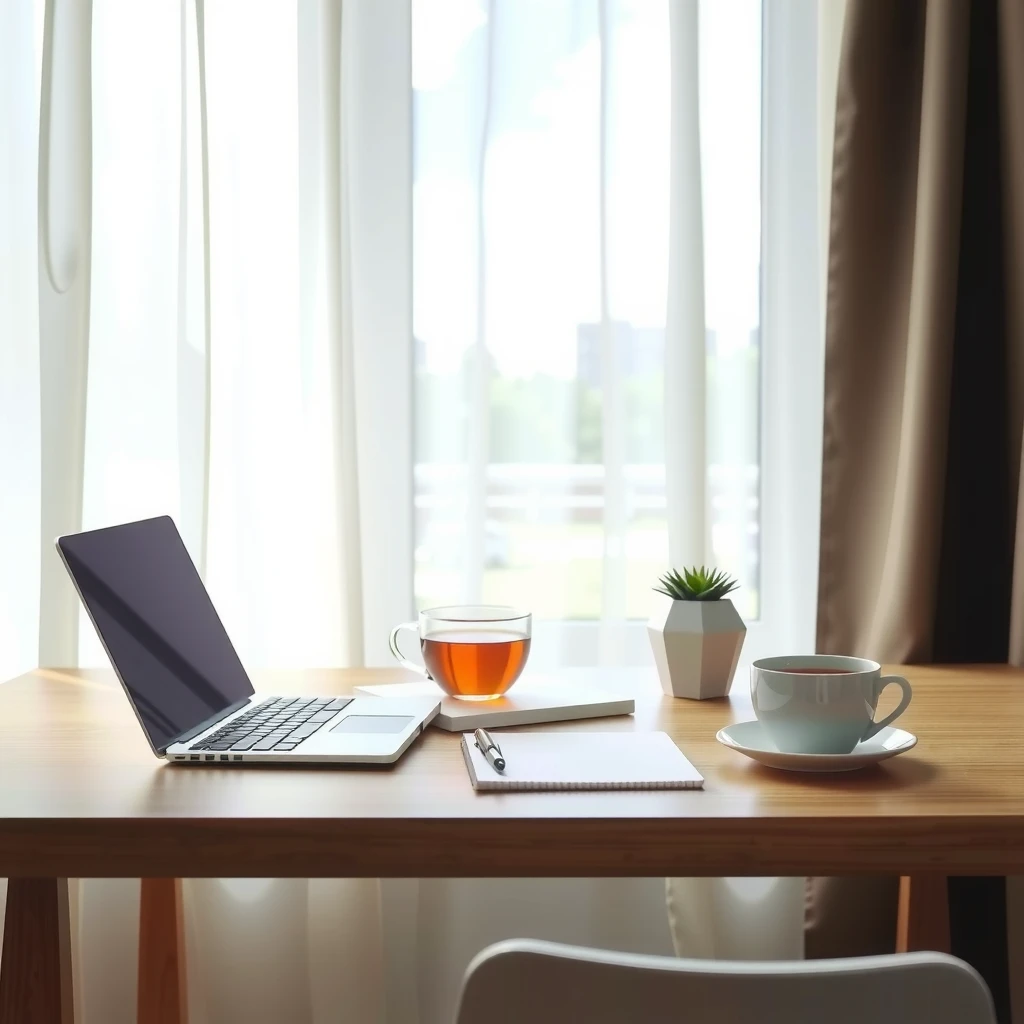 Minimalistischer Arbeitsplatz mit geschlossenem Laptop, Notizbuch, Stift und Teetasse – kein Handy in Sicht