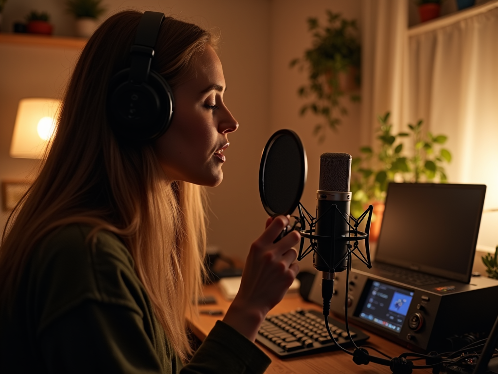 Podcaster nimmt in einem gemütlichen Heimstudio auf