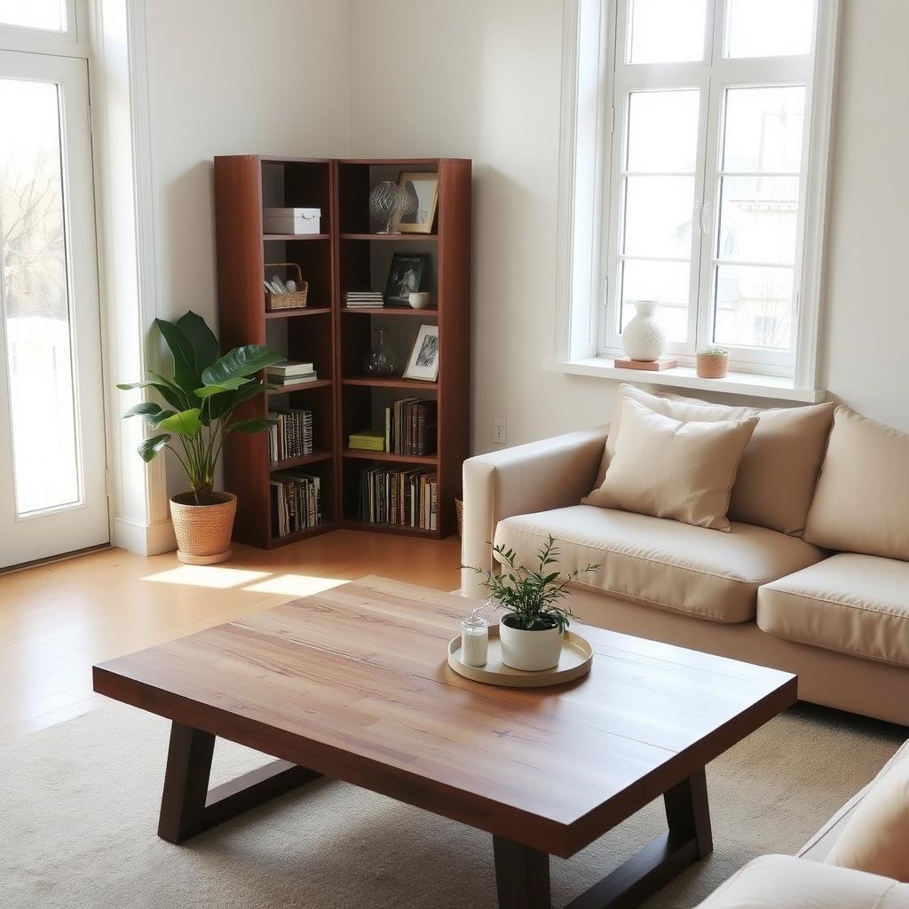 Ein aufgeräumtes Wohnzimmer mit natürlichem Licht, einem einfachen Holztisch, einer Topfpflanze und einem minimalistischen Regal.