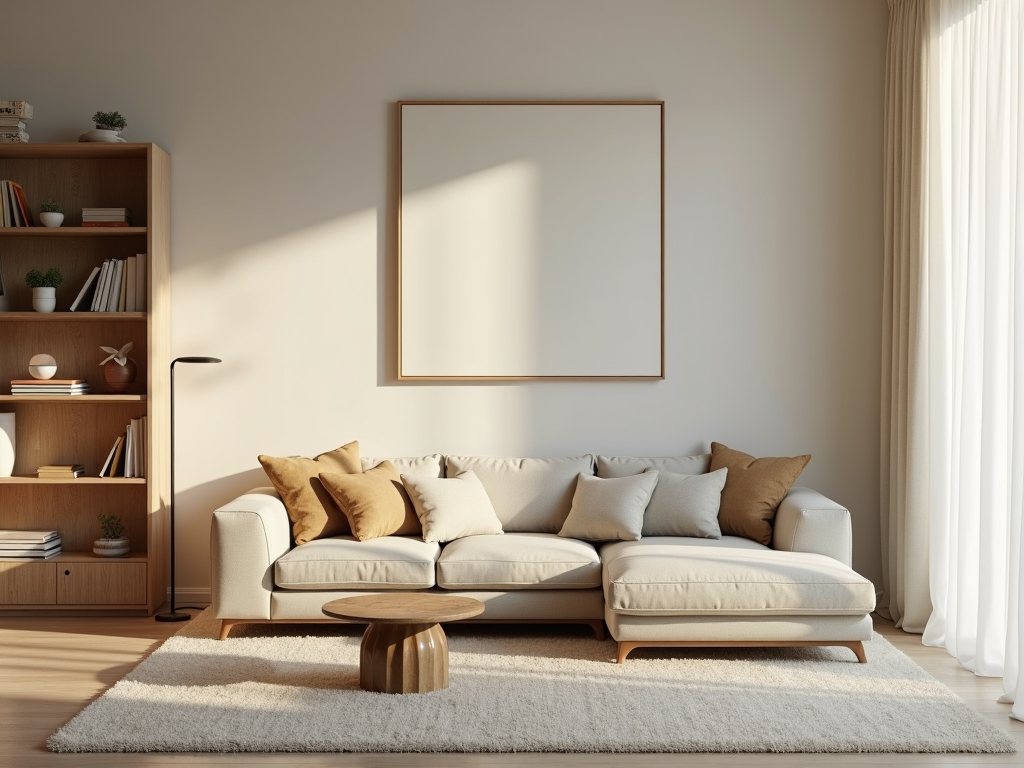 Minimalistisches Wohnzimmer, das Ruhe ausstrahlt.