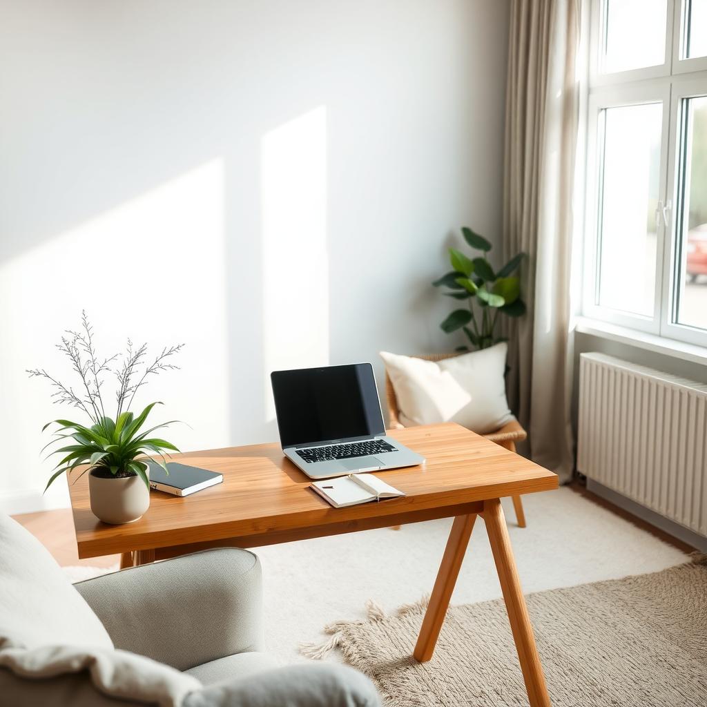 Ein minimalistisches Wohnzimmer mit einem Laptop auf einem Holztisch, einer Topfpflanze und einem Notizbuch, beleuchtet von sanftem Tageslicht.