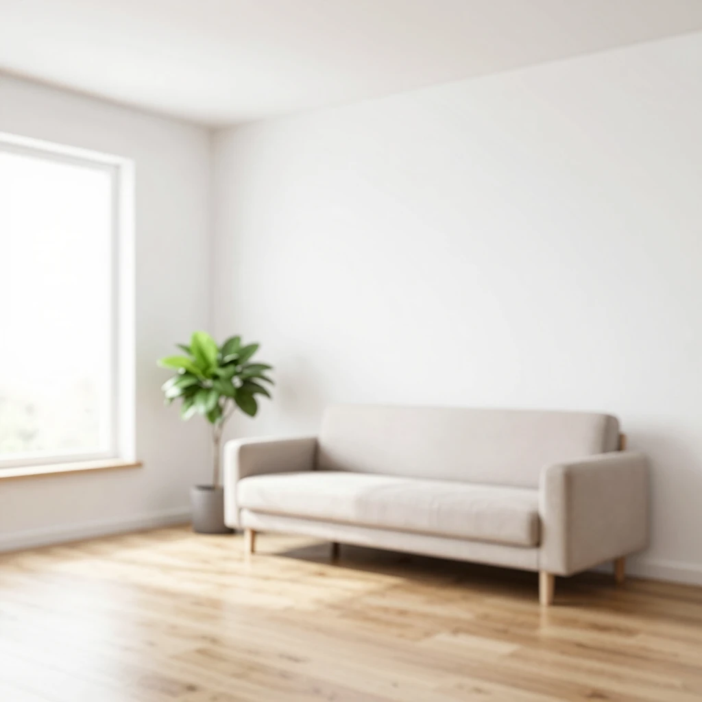 Ein ruhiges, minimalistisches Wohnzimmer mit weißen Wänden, Holzboden, einfachem Sofa und einer Pflanze, durchflutet von natürlichem Licht