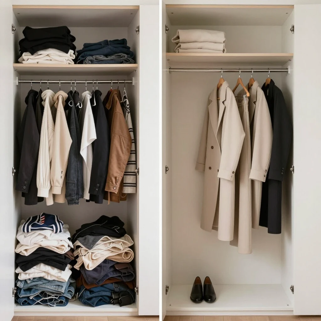 Vorher-Nachher-Vergleich: Überfüllter vs. minimalistischer Kleiderschrank