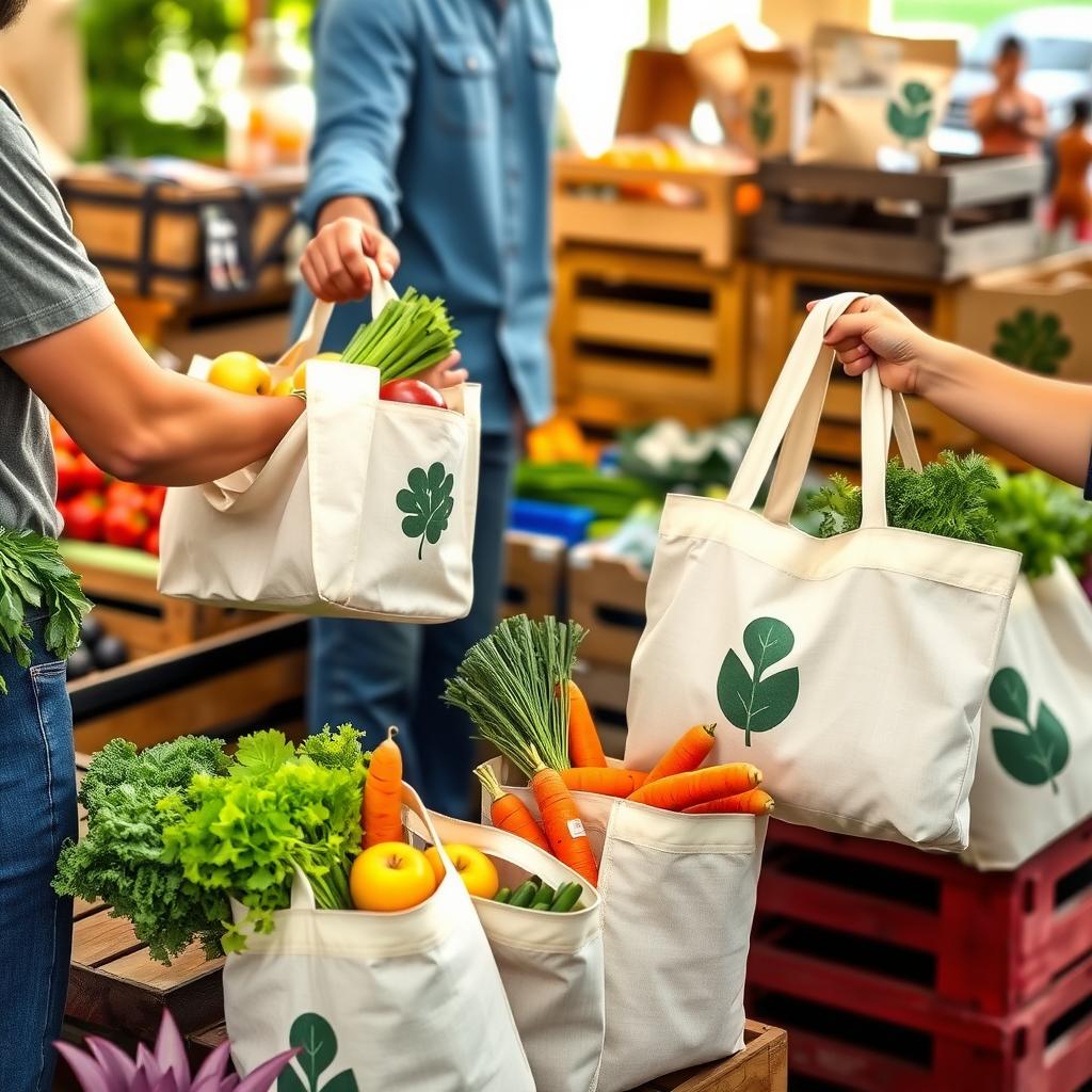 Ein lebendiger lokaler Markt mit wiederverwendbaren Tragetaschen voller frischem Gemüse und umweltfreundlicher Verpackung.