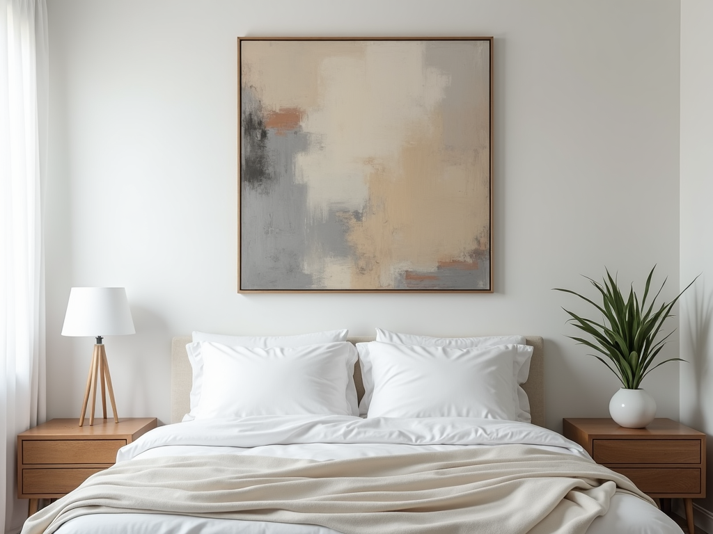 Ein minimalistisches Schlafzimmer mit einem großen abstrakten Gemälde über dem Bett und einer kleinen Pflanze auf dem Nachtkästchen.