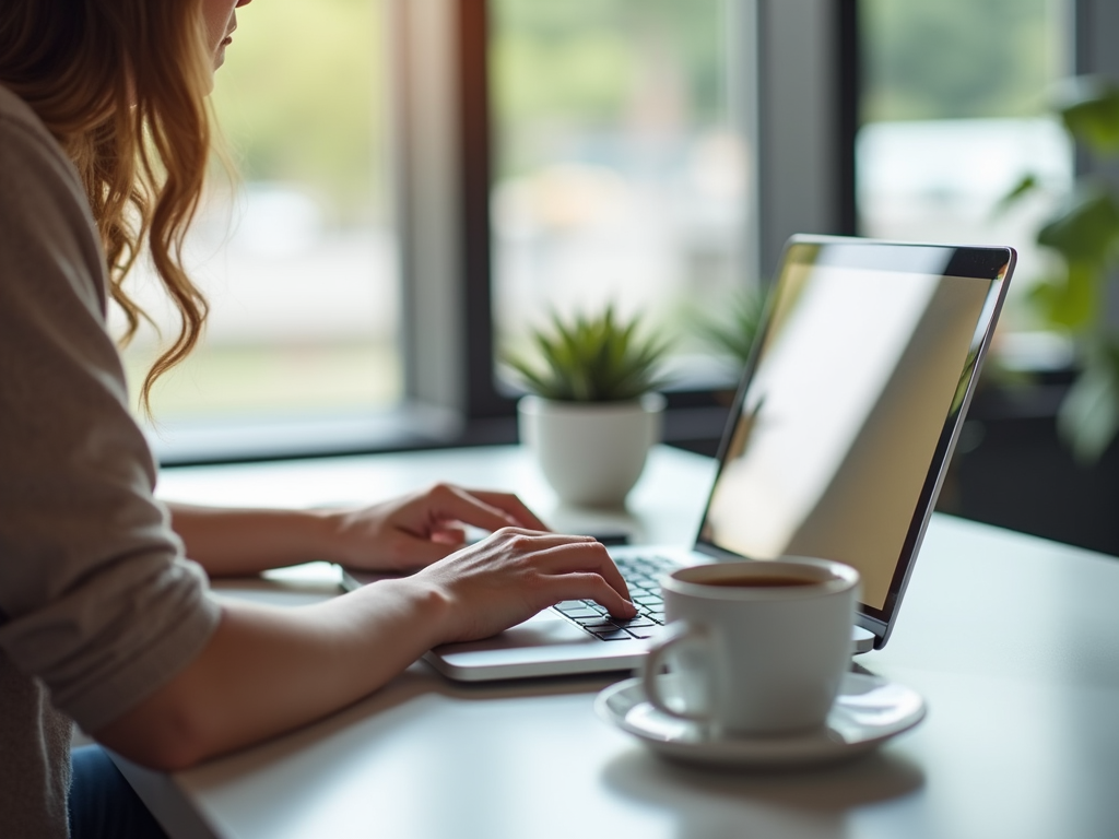 Person arbeitet konzentriert an einem minimalistischen Schreibtisch
