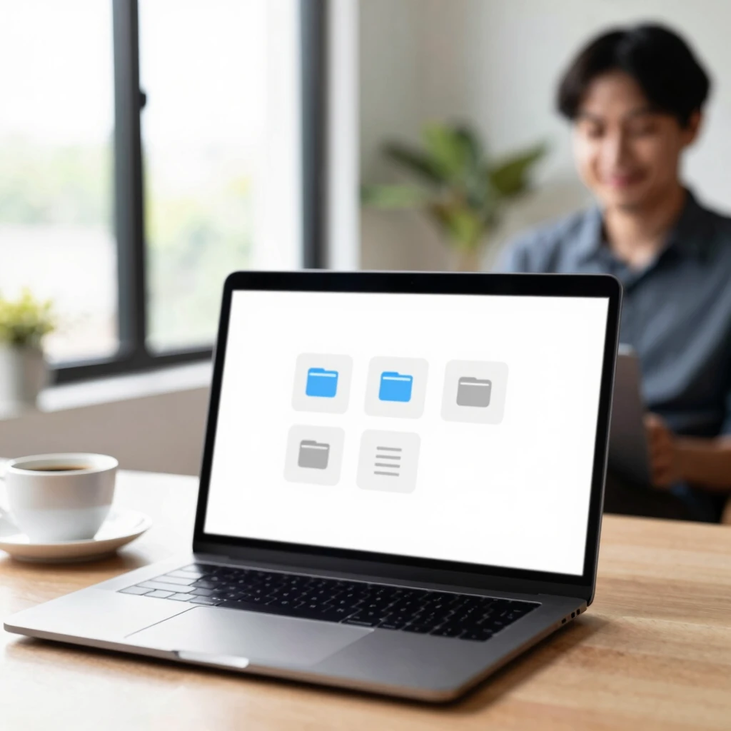 Ruhiger, minimalistischer Arbeitsplatz mit aufgeräumtem digitalem Desktop