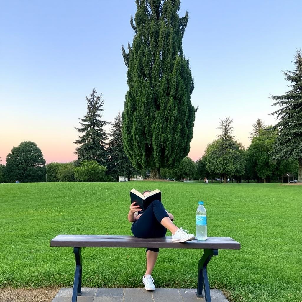 Eine Person sitzt auf einer Parkbank, liest ein Buch und hat eine wiederverwendbare Wasserflasche neben sich, umgeben von grünem Gras und Bäumen.