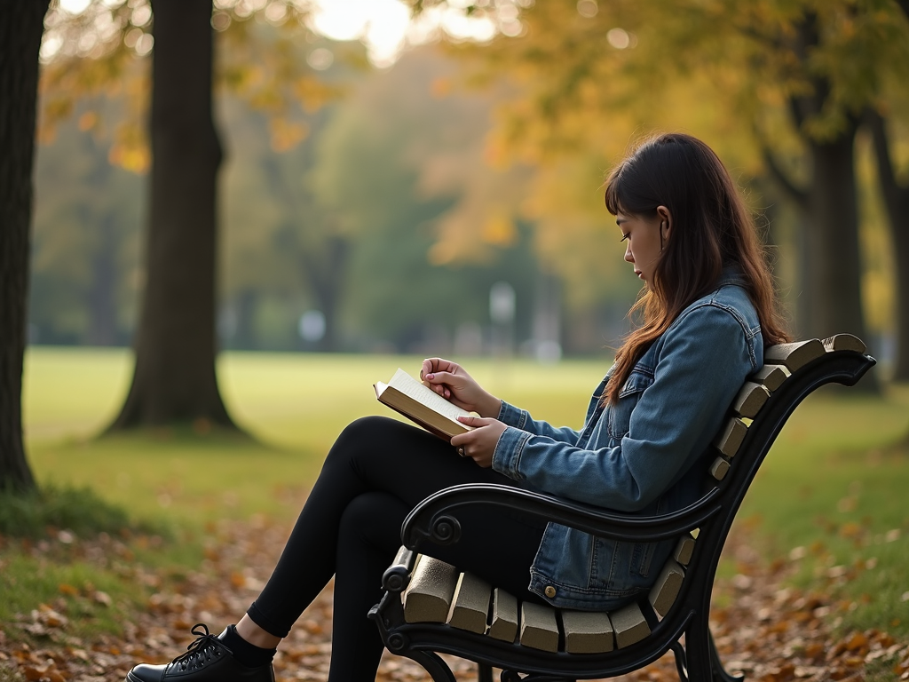 Eine Person sitzt auf einer Parkbank mit einem Buch, umgeben von Bäumen und freiem Raum, und genießt einen ruhigen Moment.