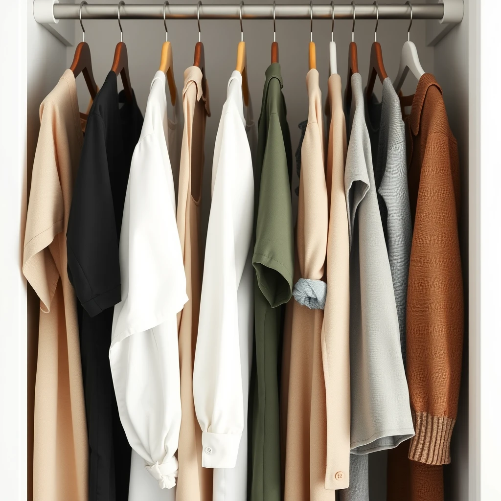 Ein übersichtlicher minimalistischer Kleiderschrank mit wenigen neutralen Kleidungsstücken, ordentlich aufgehängt