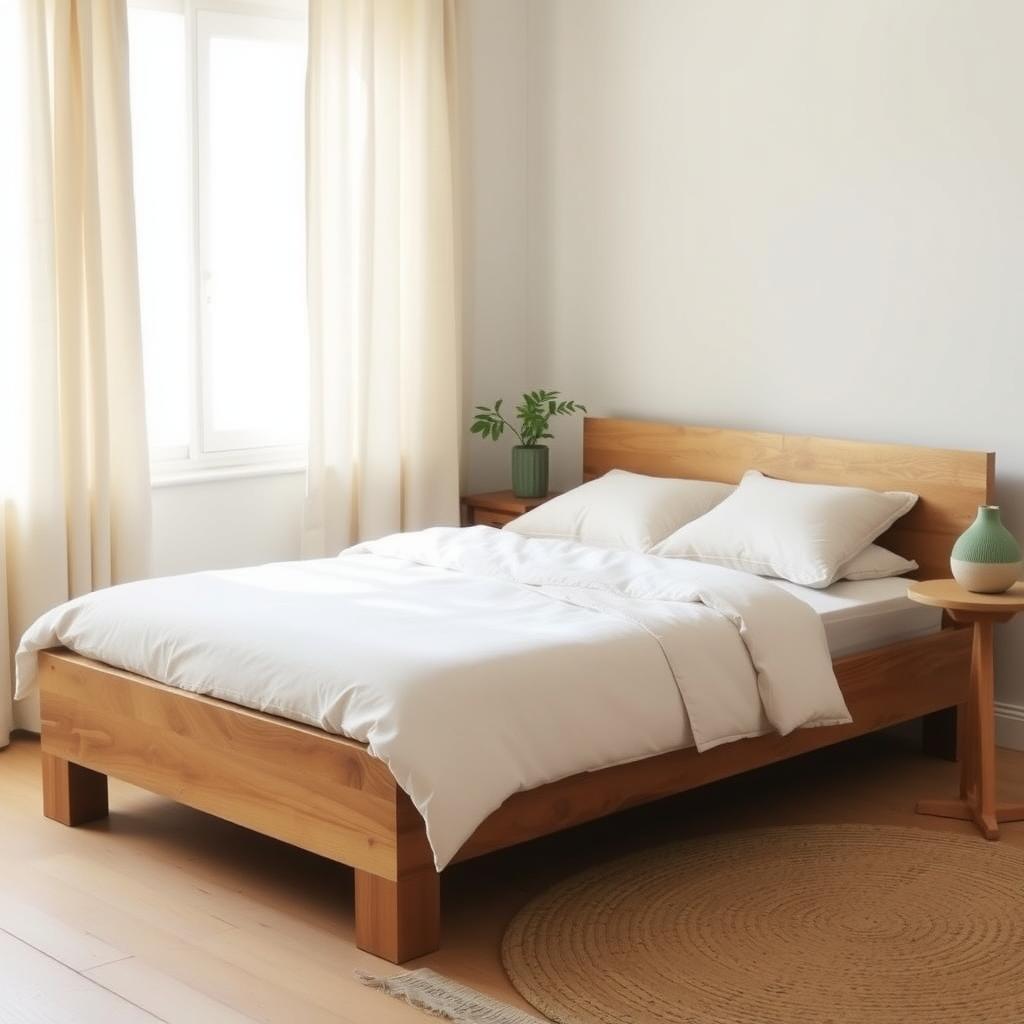 Nachhaltiges Schlafzimmer mit Bettgestell aus recyceltem Holz, Bio-Baumwollbettwäsche und einem Juteteppich, beleuchtet von weichem Tageslicht.