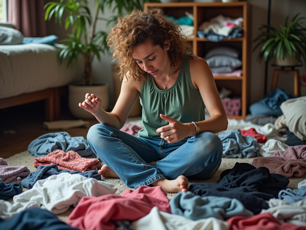 Eine Person, die versucht, ihren Kleiderschrank auszumisten.