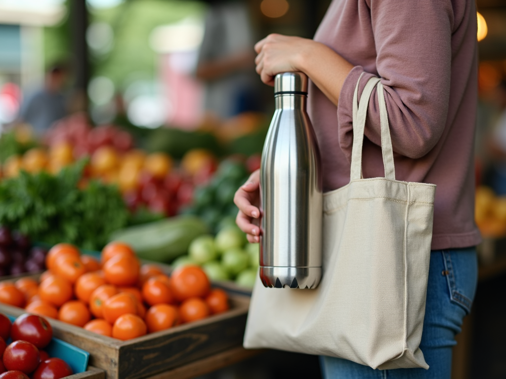 Person mit wiederverwendbarer Wasserflasche und Stofftasche an einem Bauernmarktstand.