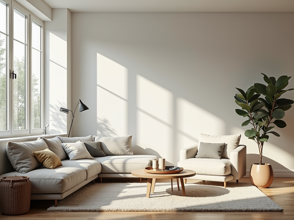 Minimalistisches Wohnzimmer mit nur wesentlichen Möbeln und Dekoration, in natürlichem Licht