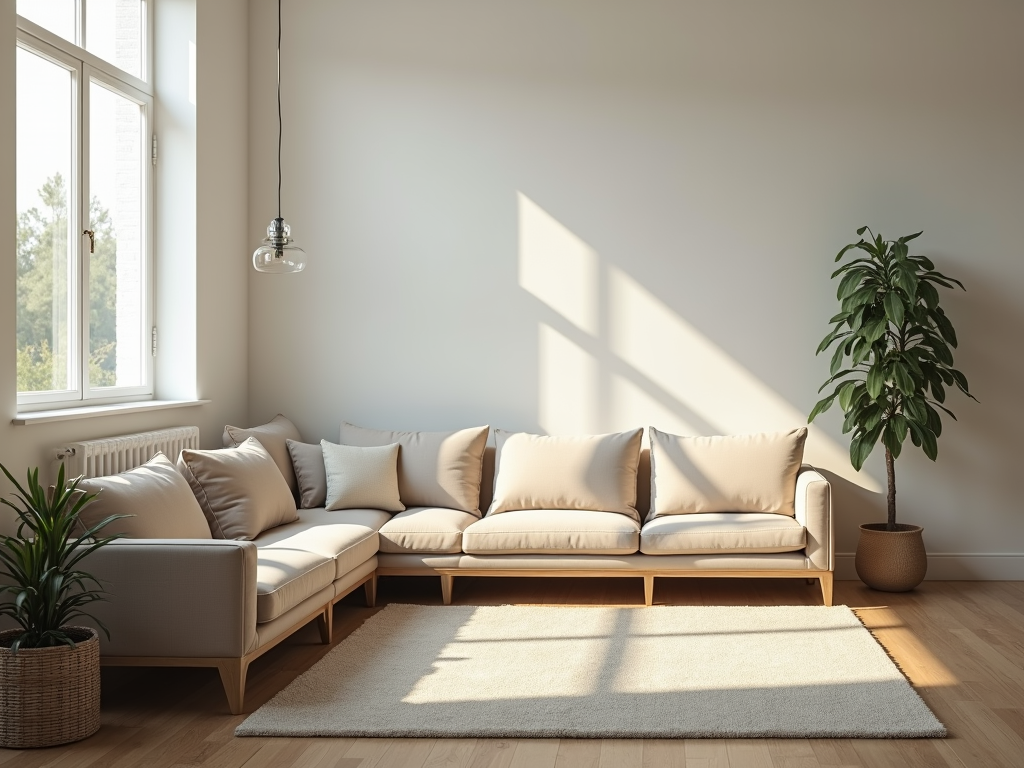 Ein aufgeräumter, minimalistischer Wohnraum mit natürlichem Licht, der Ruhe und Gelassenheit ausstrahlt.