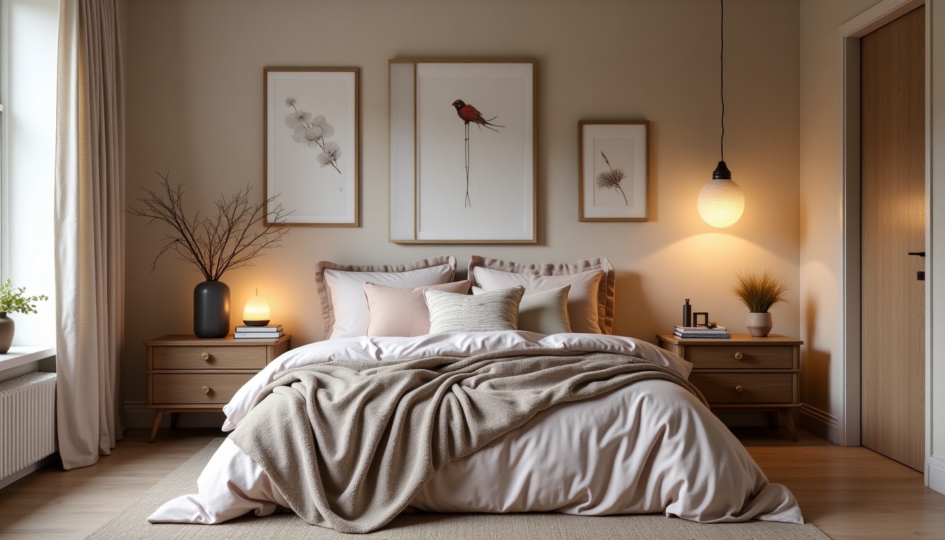 A cozy bedroom with layered textiles and personalized artwork, embodying post-minimalist style.