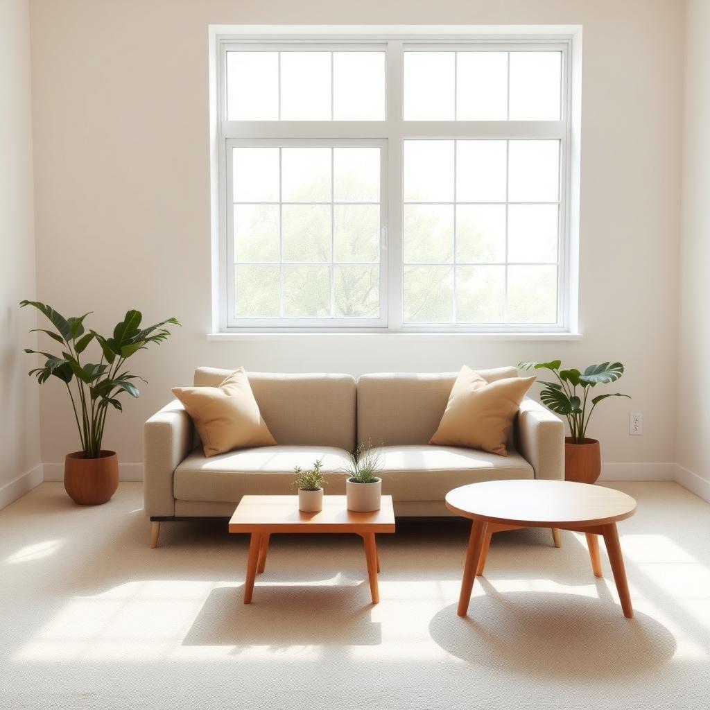 Ein minimalistisches Wohnzimmer mit neutralen Farben, einem gemütlichen Sofa, einem kleinen Holztisch und einigen Pflanzen in schlichten Töpfen, hell erleuchtet durch ein großes Fenster.
