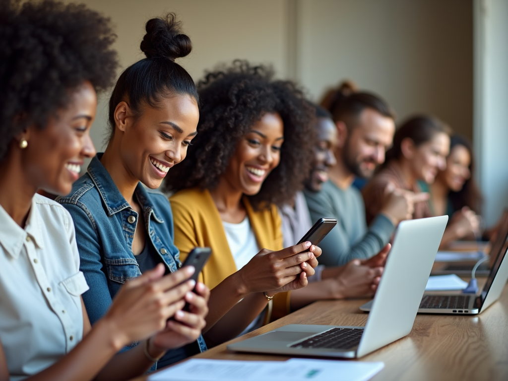 Verschiedene Personen nutzen Social Media auf Smartphones und Laptops