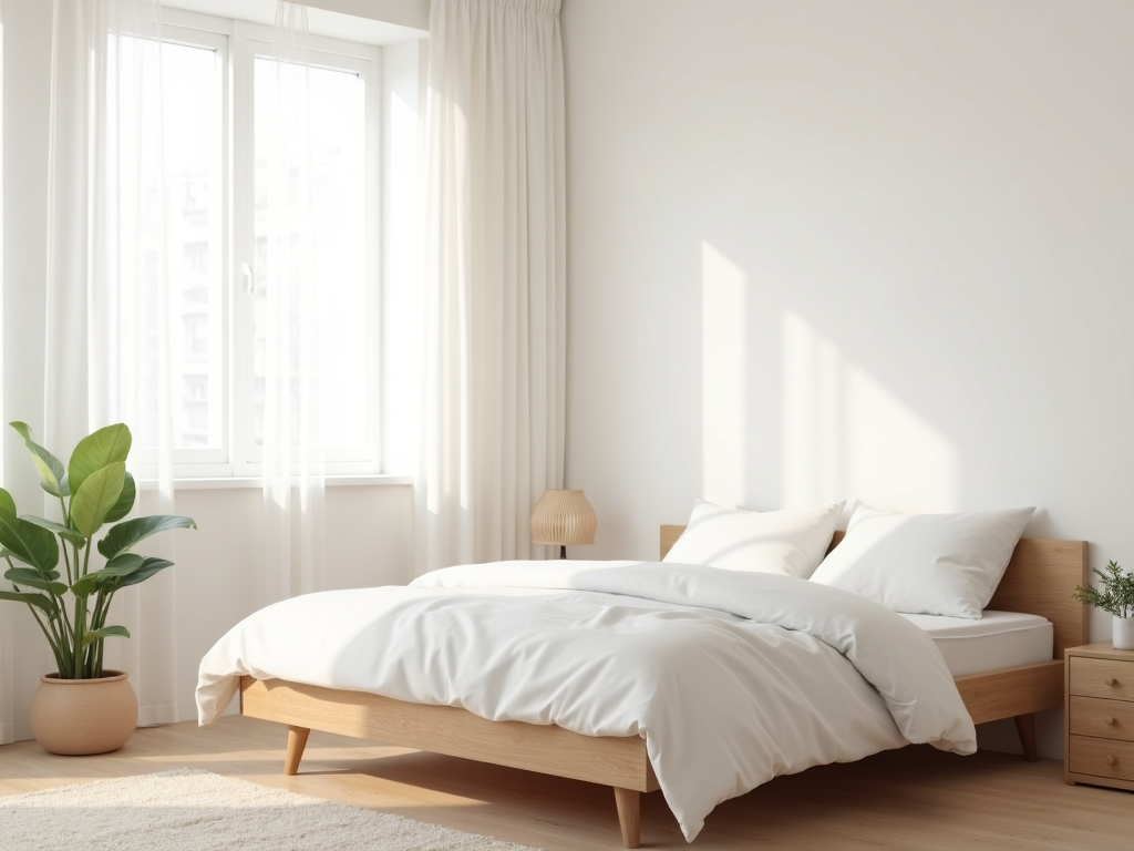 Ein minimalistisches Schlafzimmer mit einem niedrigen Holzbett, weißer Bettwäsche und einer Pflanze auf dem Nachttisch, sanftes Licht durch helle Vorhänge.