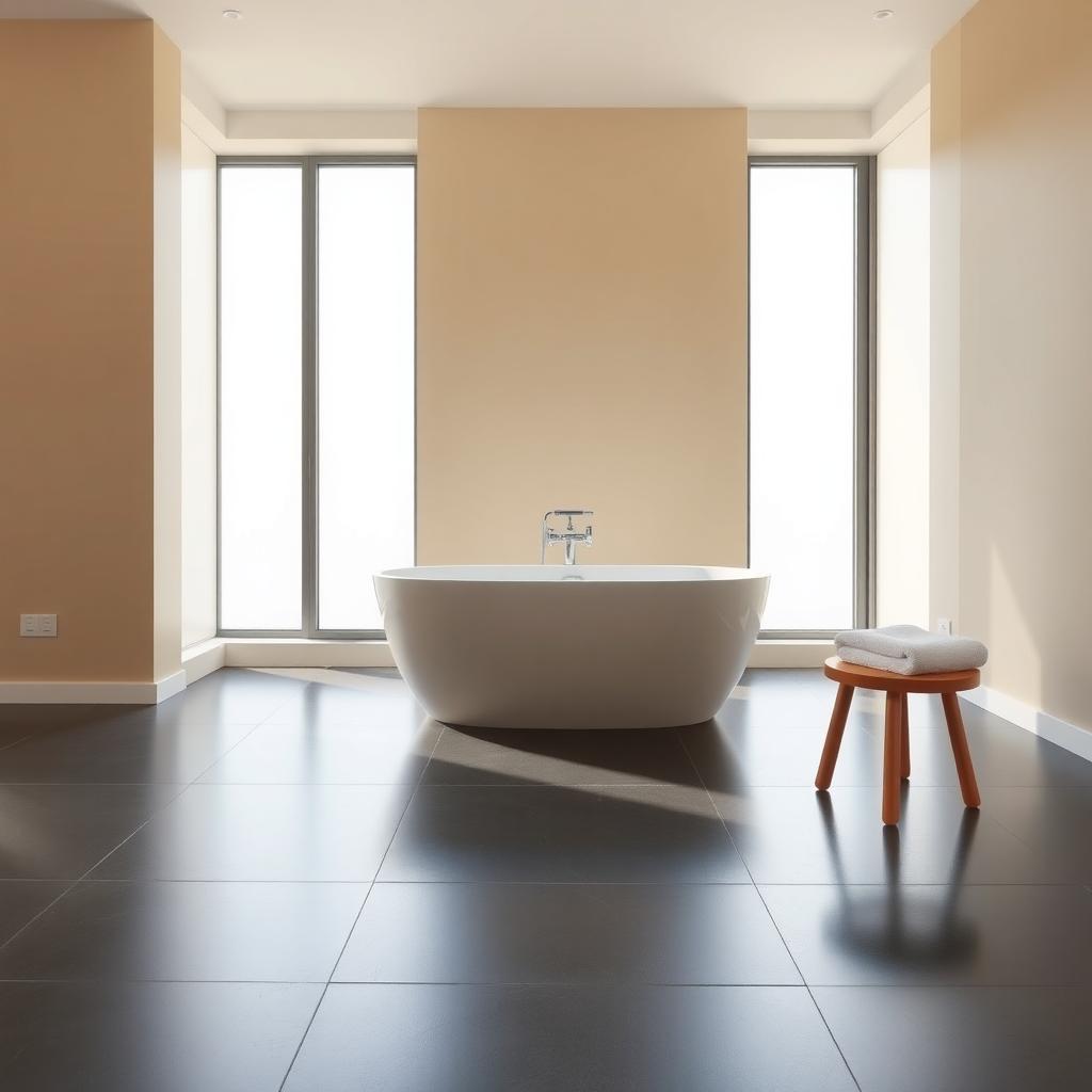 Minimalistische Badewanne mit Holzstuhl und Handtuch