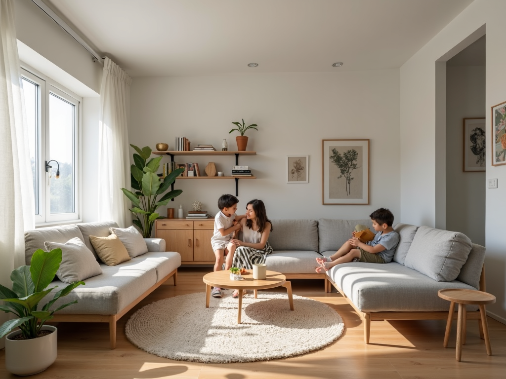 Eine Familie lebt glücklich in einer kleinen, minimalistischen Wohnung.