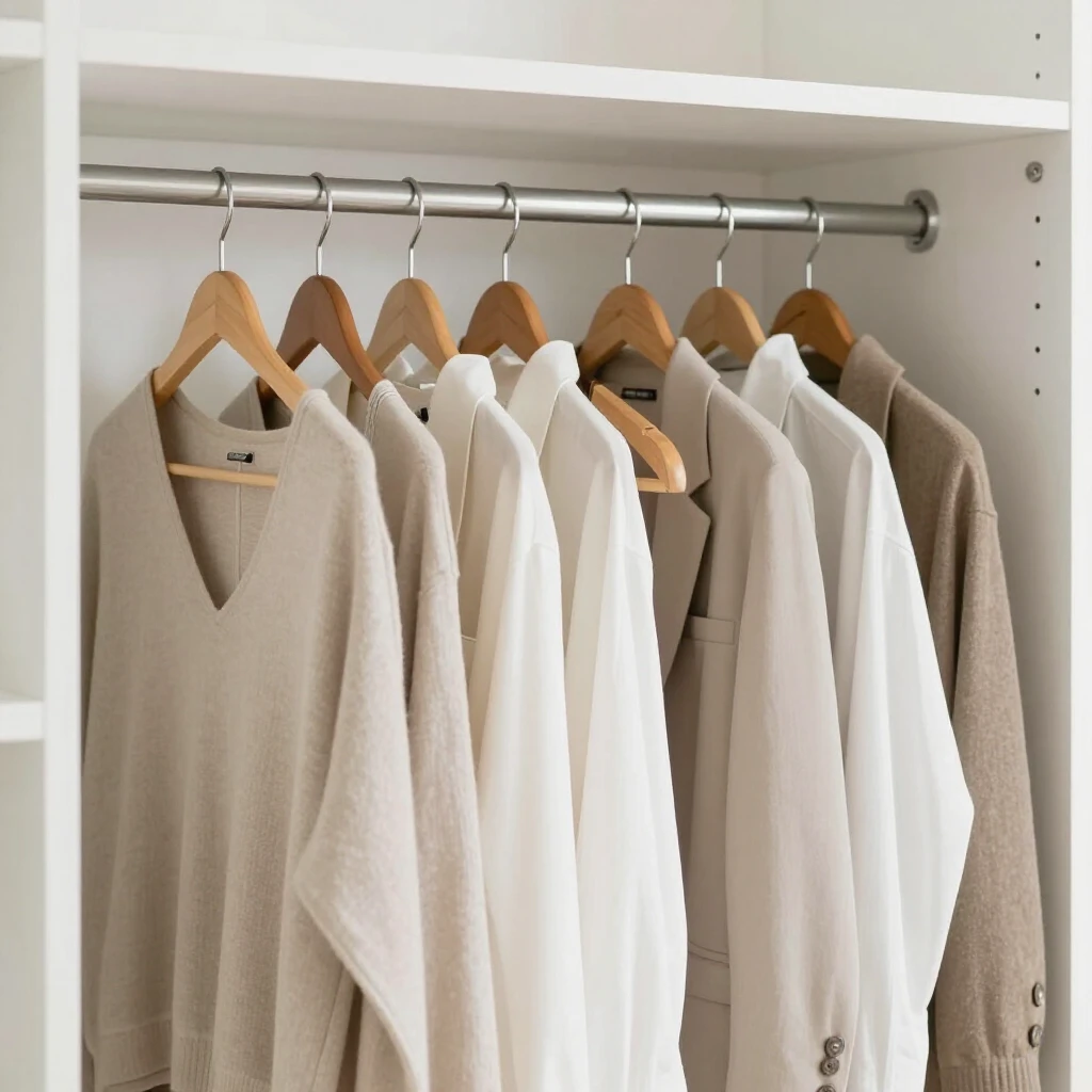 Minimalistische Capsule Wardrobe mit neutralfarbener nachhaltiger Kleidung, ordentlich auf Holzbügeln in einem hellen, modernen Schrank arrangiert