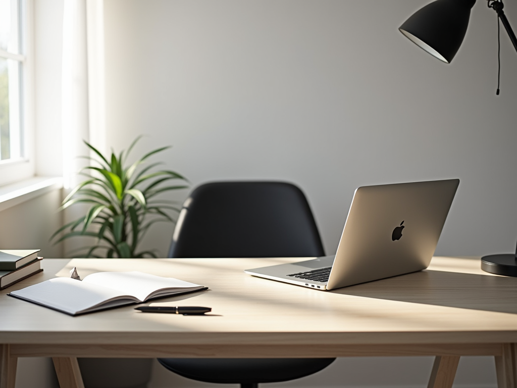 Ein Heimbüro mit einem minimalistischen Schreibtisch, auf dem nur ein Laptop, ein Notizbuch und ein Stift liegen. Der Raum wirkt produktiv und friedlich.
