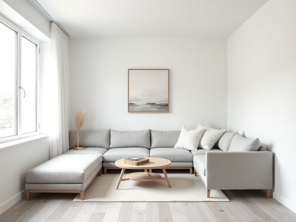 Ein kleines Wohnzimmer mit weißen Wänden, einem hellgrauen Sofa und minimalistischem Dekor, das durch natürliches Licht luftig wirkt.