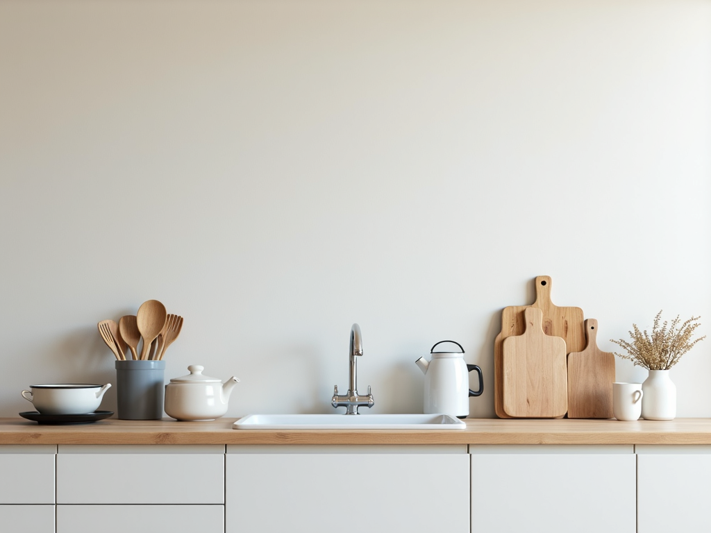 Eine saubere, minimalistische Küche mit nur den notwendigen Geräten und Utensilien.