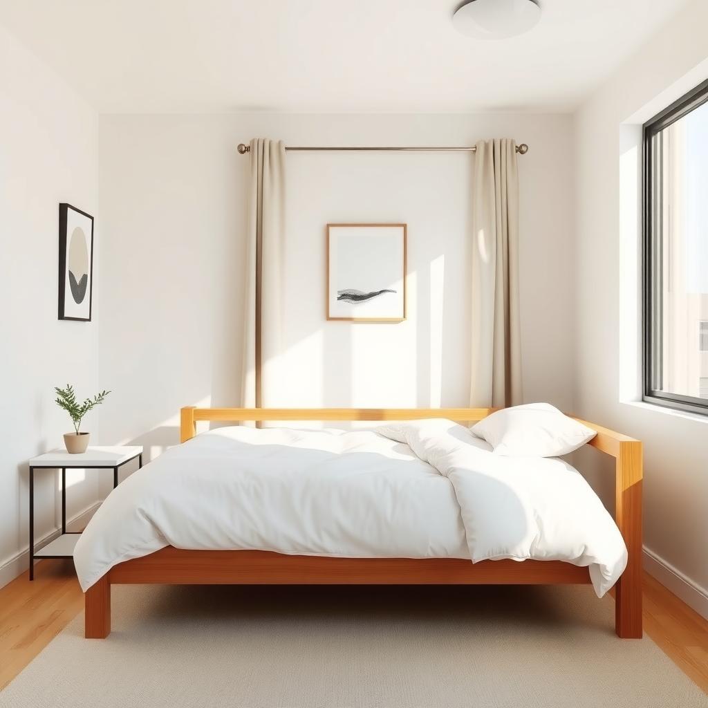 Ein minimalistisches Schlafzimmer mit einem schlichten Holzbett, weißer Bettwäsche, einer Topfpflanze auf einem Nachttisch und weichem Tageslicht, das durch ein großes Fenster fällt.