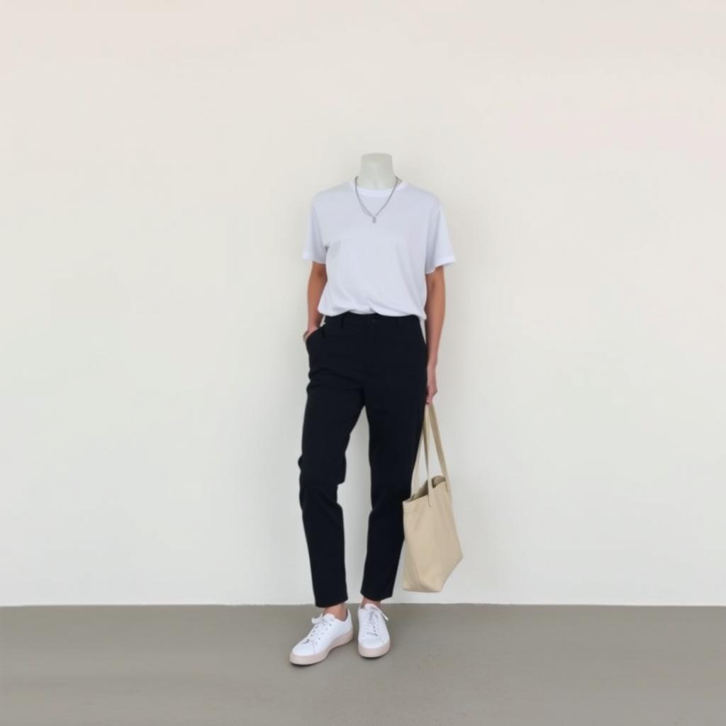Person in minimalistischem Outfit mit weißem T-Shirt, schwarzer Hose und Sneakers vor weißer Wand