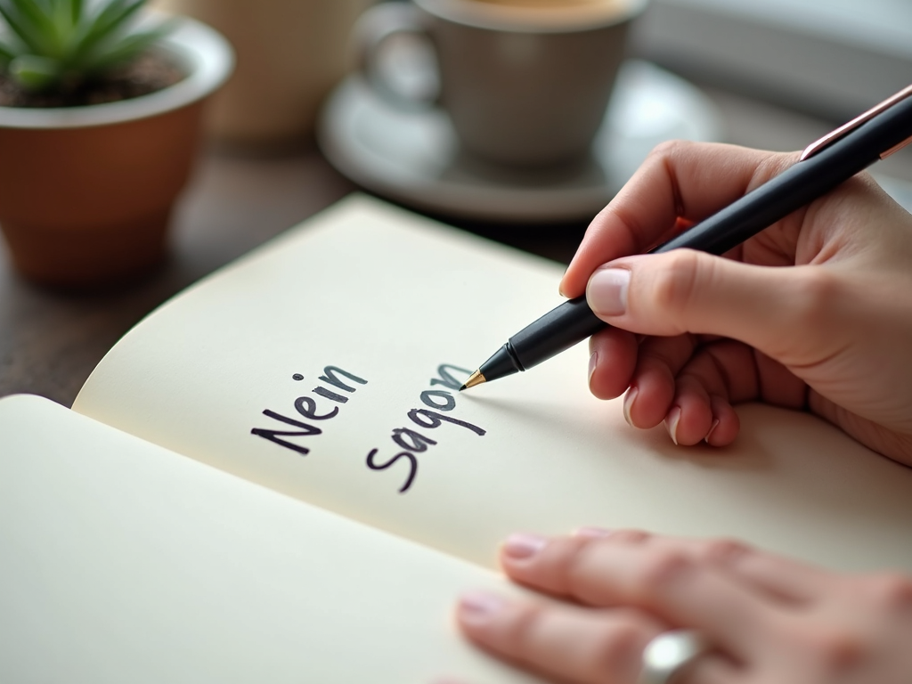 Eine Hand, die in ein Tagebuch schreibt, mit dem Fokus auf bewusstem Leben.