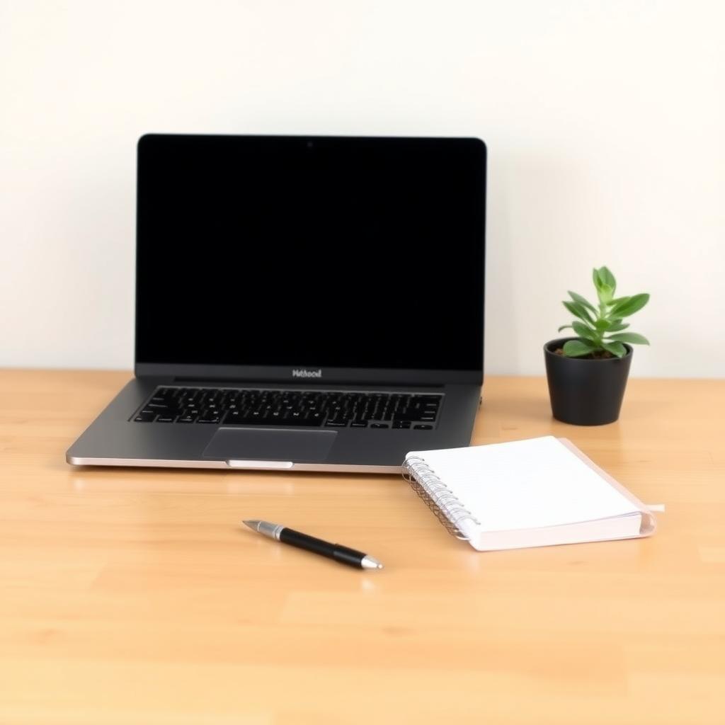 Ein minimalistischer Schreibtisch mit einem Laptop, einem Notizbuch, einem Stift und einer kleinen Topfpflanze vor einer schlichten Wand.