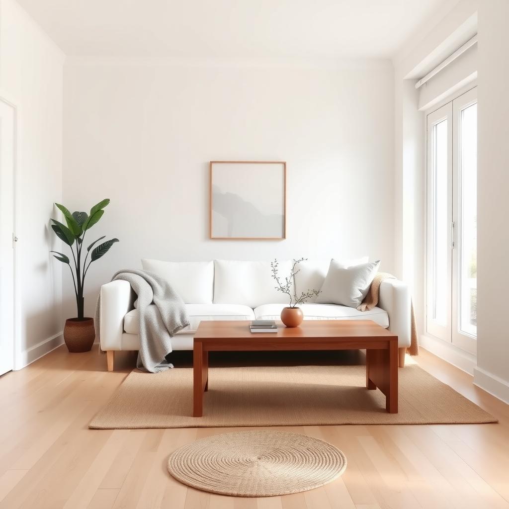 Ein gemütliches, minimalistisches Wohnzimmer mit weißem Sofa, grauer Decke, Holztisch und einer Topfpflanze vor großen Fenstern.