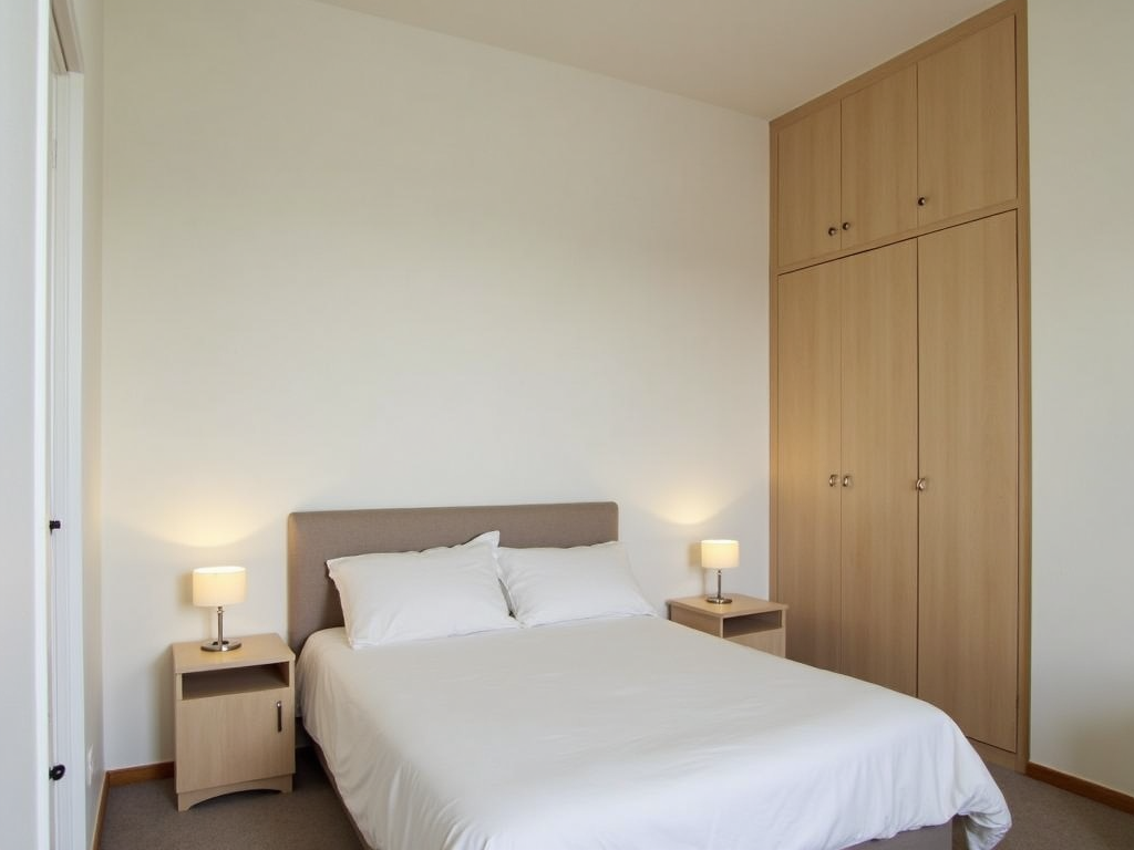 Minimalistisches Schlafzimmer mit Bett, Nachttisch und Kleiderschrank