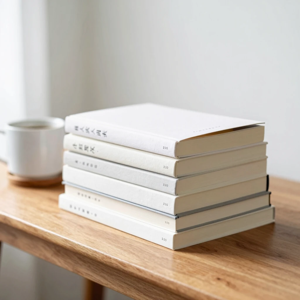 Stapel von Minimalismus-Büchern auf einem Holztisch neben einer Kaffeetasse