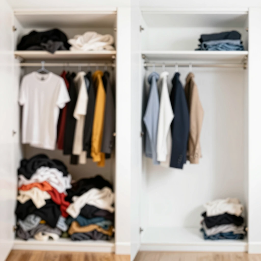 Vorher-Nachher-Vergleich: Links ein überfüllter, chaotischer Kleiderschrank, rechts ein aufgeräumter minimalistischer Schrank mit wenigen Kleidungsstücken