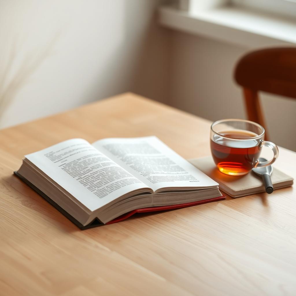 Ein offenes Minimalismus Buch auf einem Holztisch mit einer Tasse Tee und einem Notizbuch.